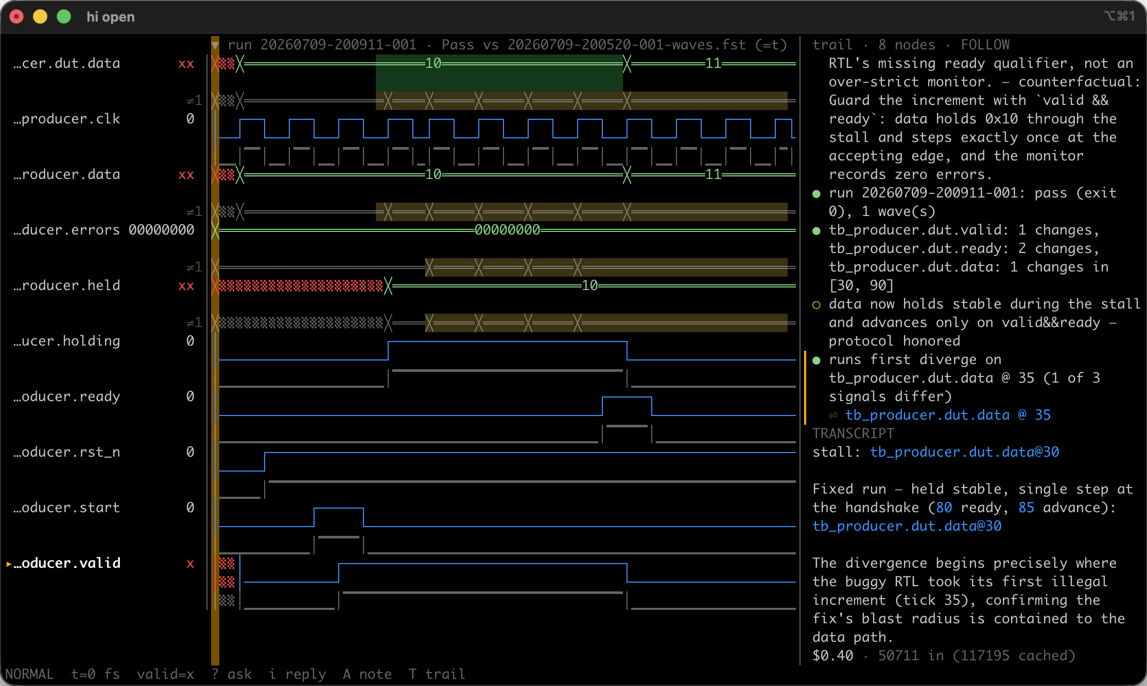 Two simulation runs compared in Wave after a fix, with the divergence highlighted on the waveform