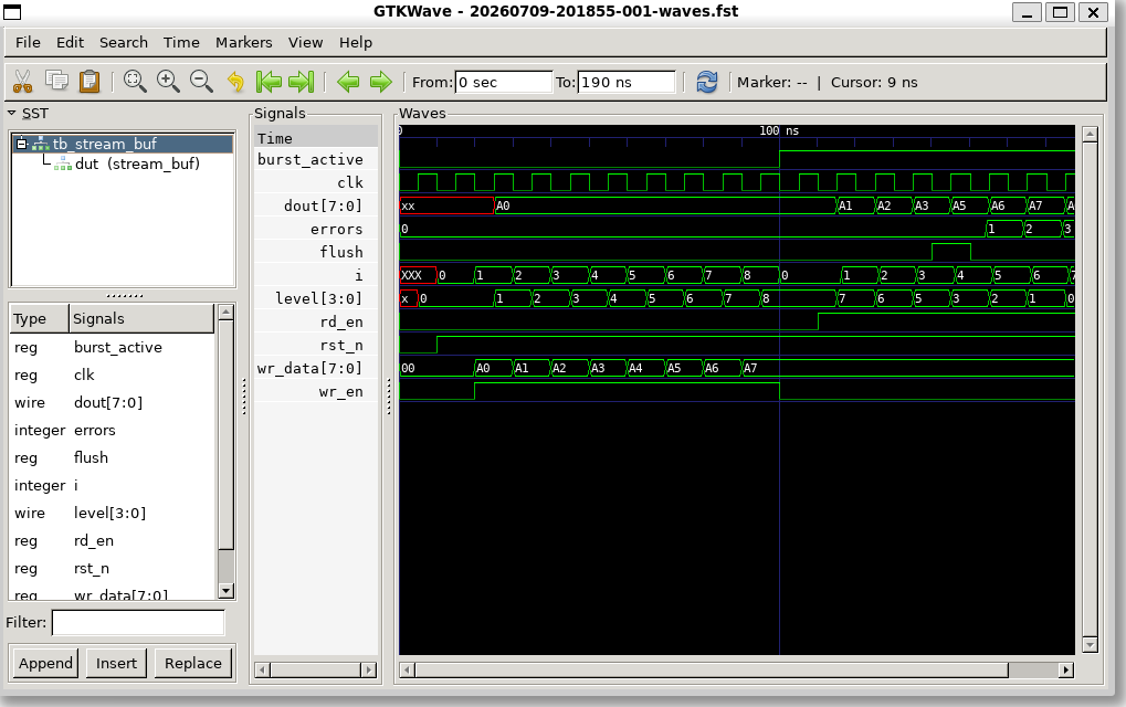 GTKWave, a decades-old waveform viewer GUI, opening a 2026 waveform dump